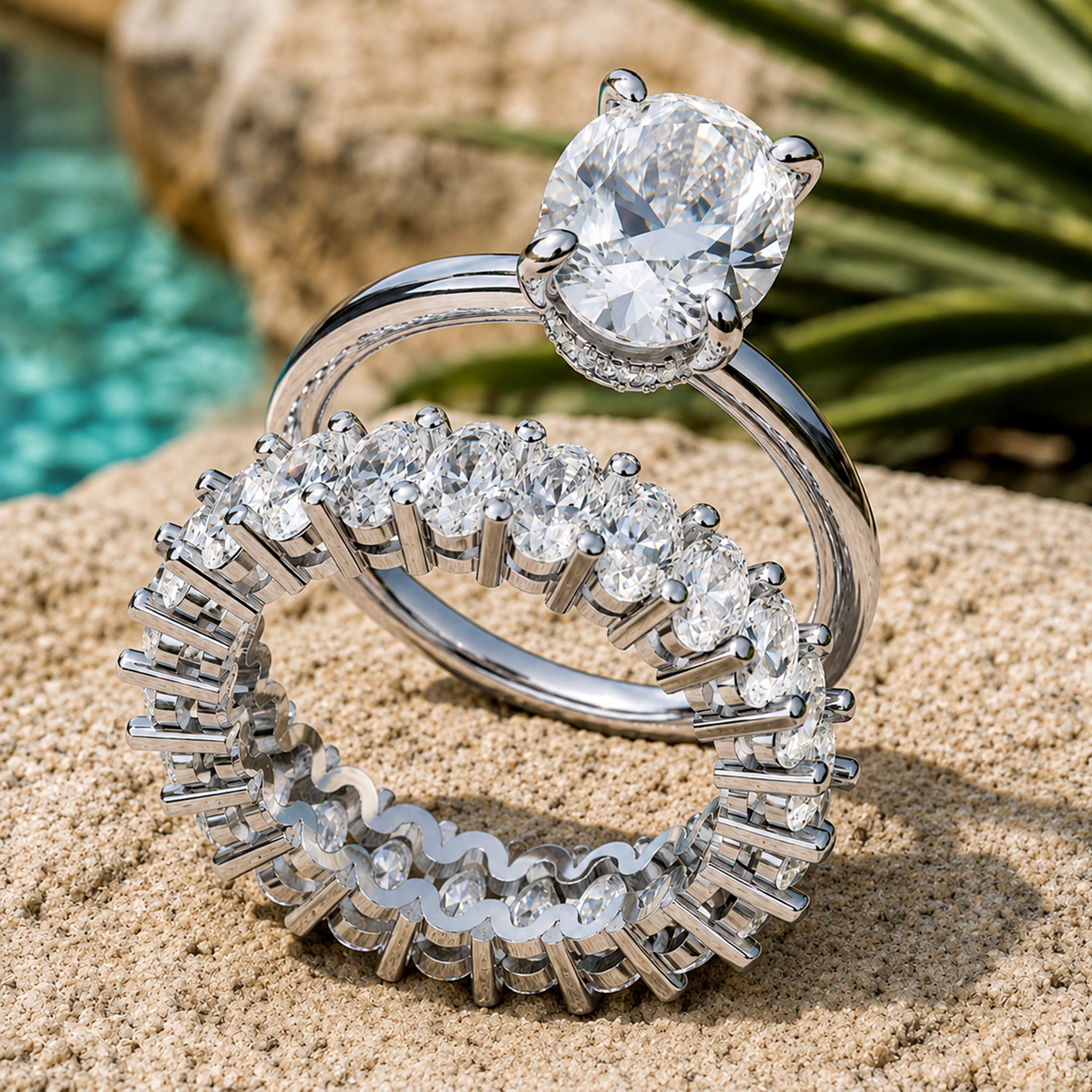 Hidden Halo Modern Design Oval Cut Moissanite Bridal Set With Oval Cut Accent Stones #MCBSM0032