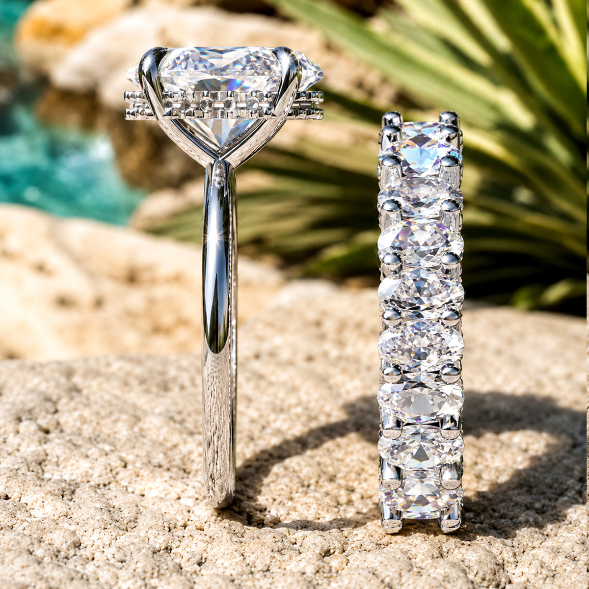 Hidden Halo Modern Design Oval Cut Moissanite Bridal Set With Oval Cut Accent Stones #MCBSM0032