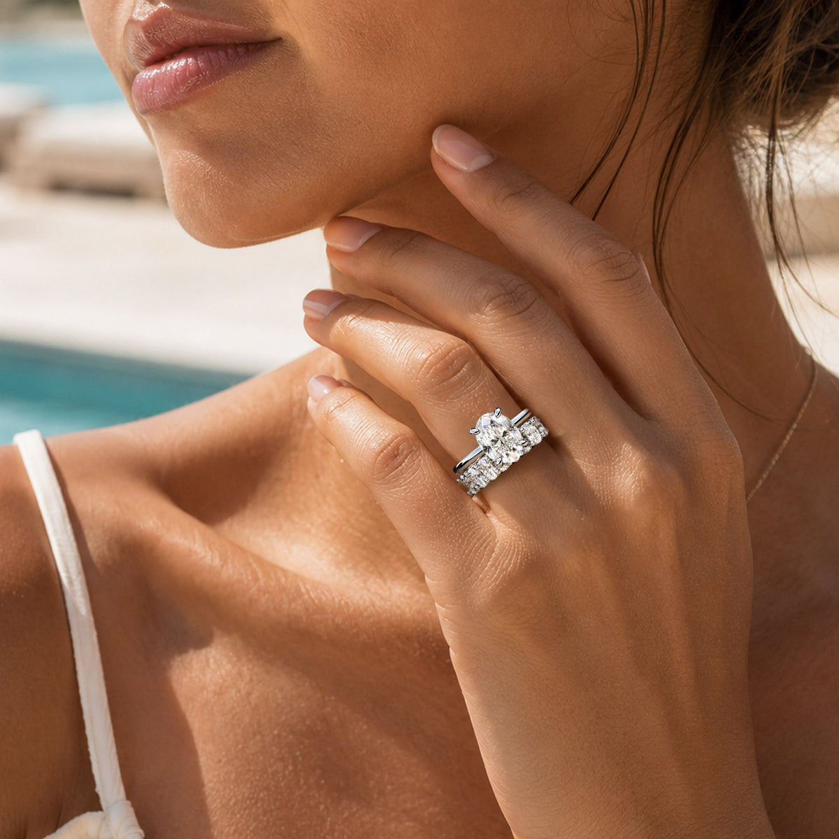 Hidden Halo Modern Design Oval Cut Moissanite Bridal Set With Oval Cut Accent Stones #MCBSM0032