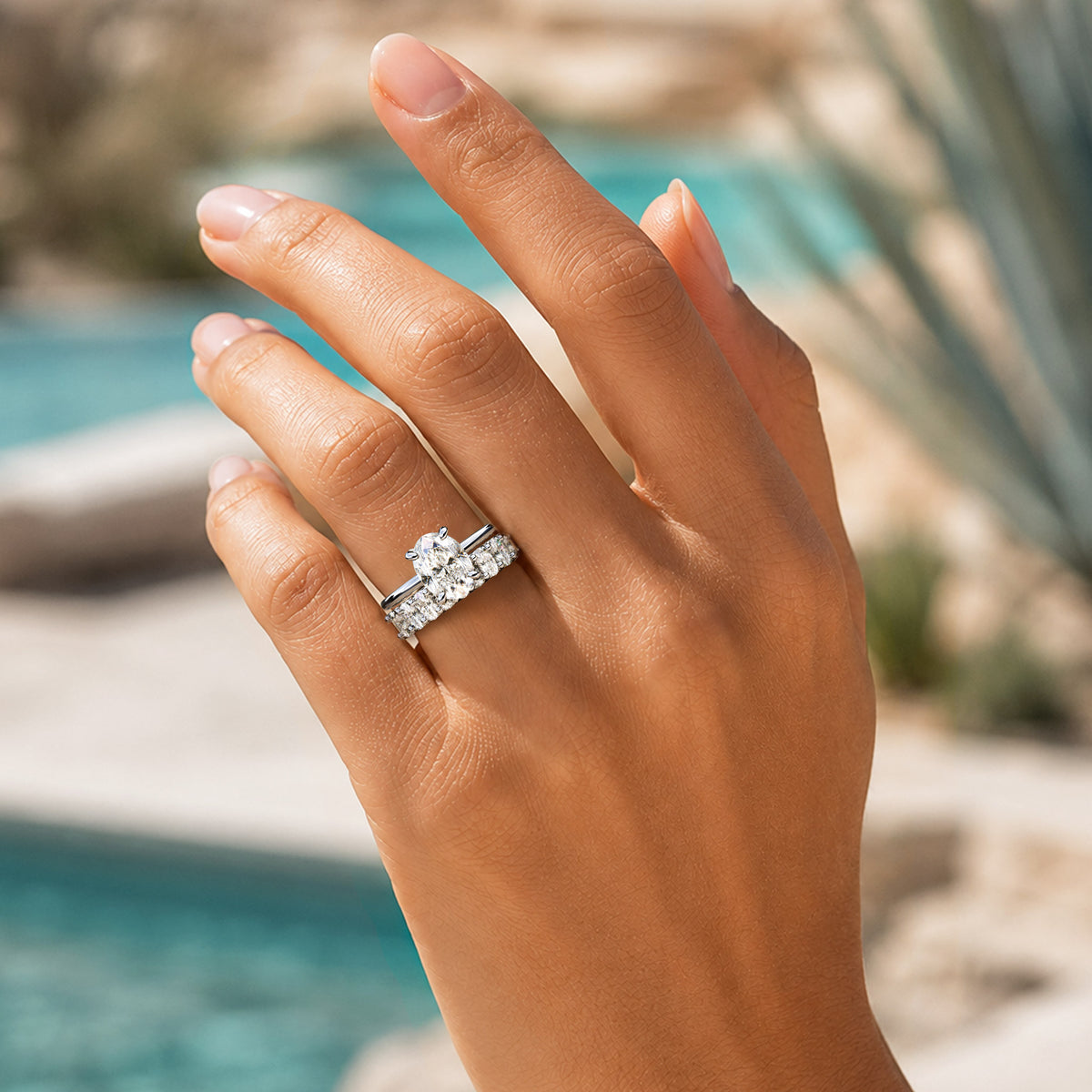 Hidden Halo Modern Design Oval Cut Moissanite Bridal Set With Oval Cut Accent Stones #MCBSM0032