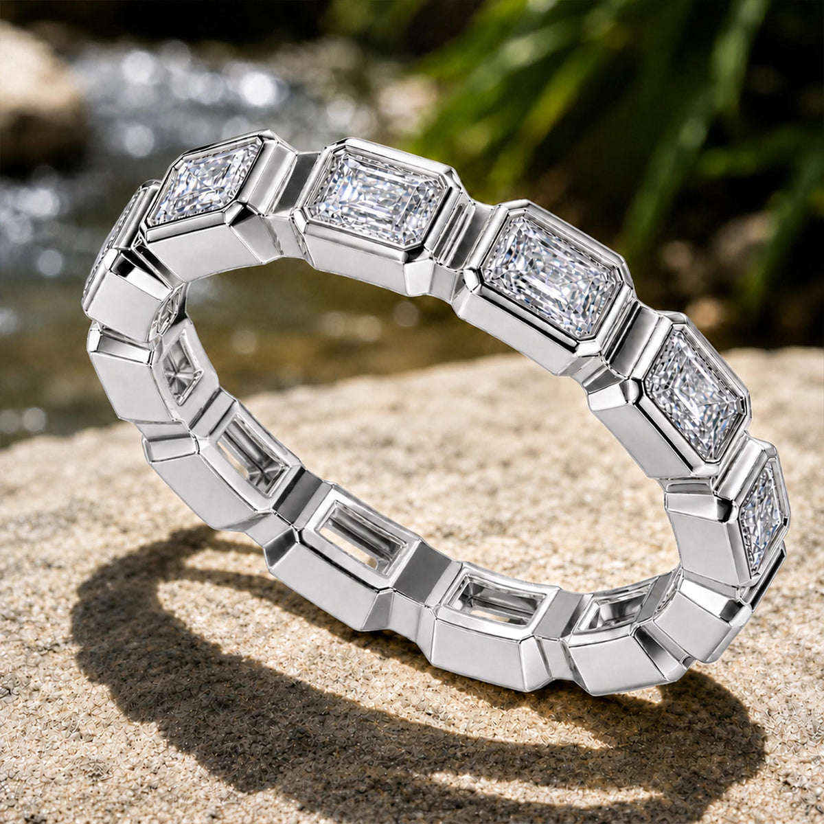 Modern Art Deco Design Moissanite Tapered Shank Women Wedding Band With Baguette Cut Accent Stones #MCWBM0010