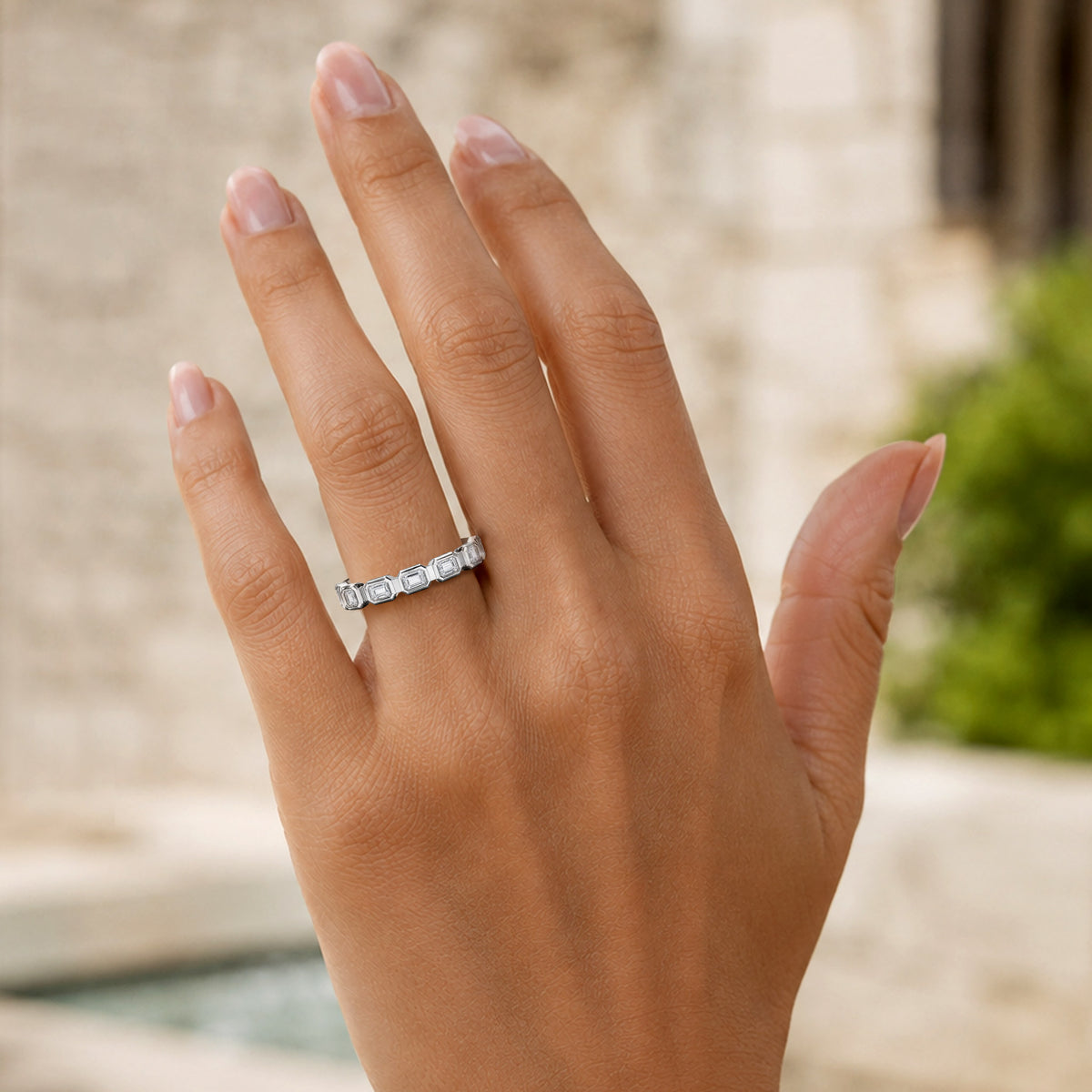Modern Art Deco Design Moissanite Tapered Shank Women Wedding Band With Baguette Cut Accent Stones #MCWBM0010