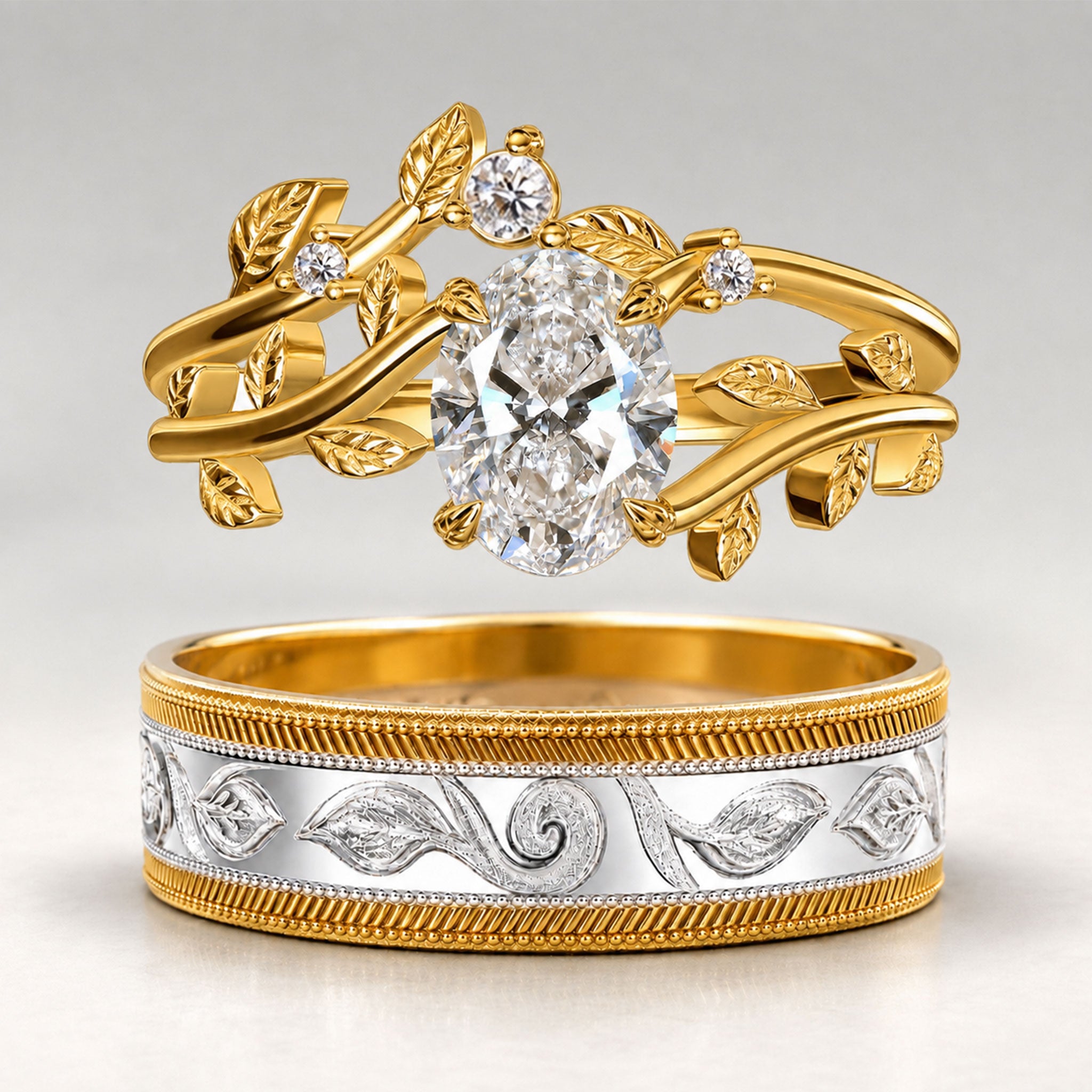 Vintage Nature Inspired Floral Design Oval Cut Lab Grown Diamond Center Stone Trellis Basket Engraved Wedding Ring Set With Two Color Metal Band #MCWSL0001