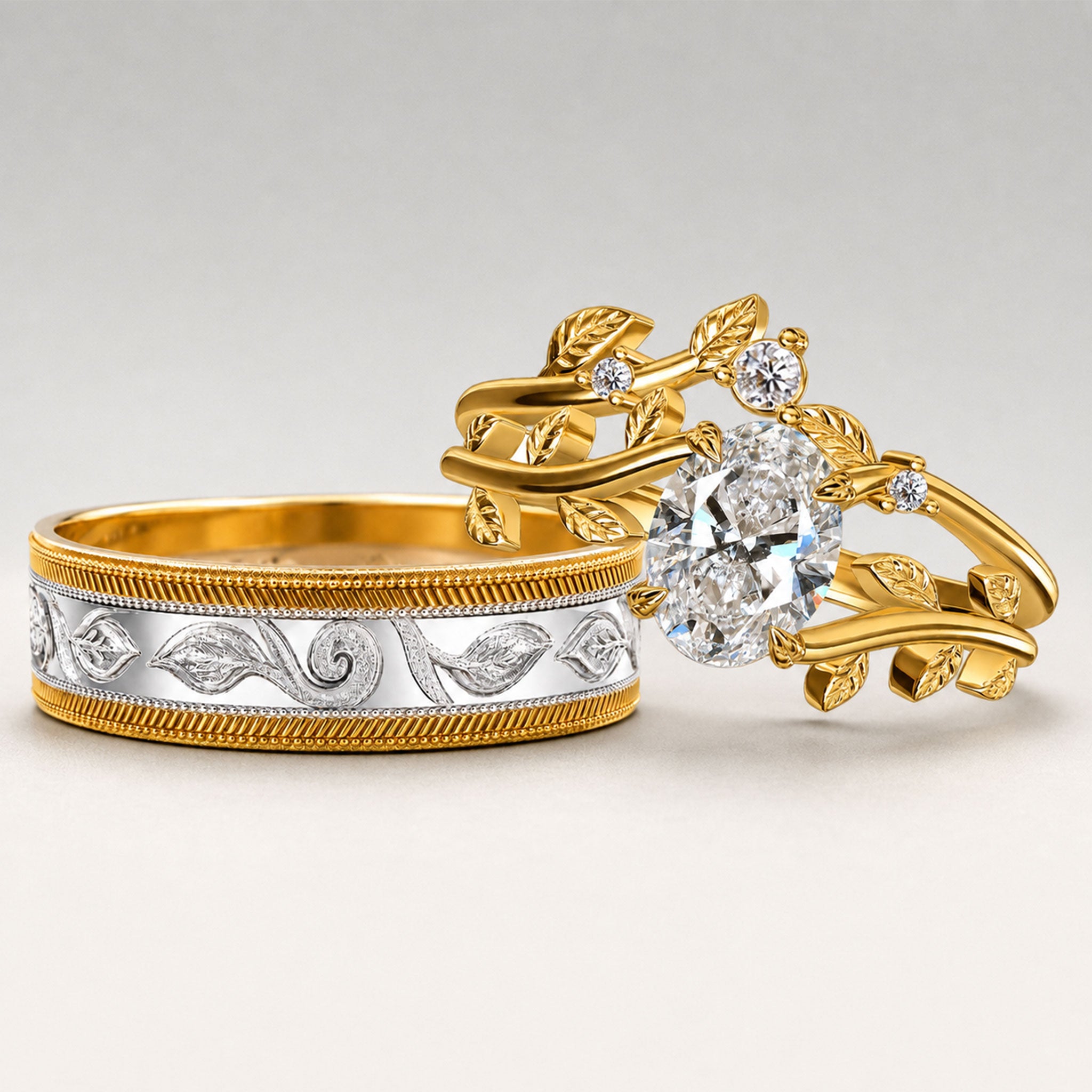 Vintage Nature Inspired Floral Design Oval Cut Lab Grown Diamond Center Stone Trellis Basket Engraved Wedding Ring Set With Two Color Metal Band #MCWSL0001