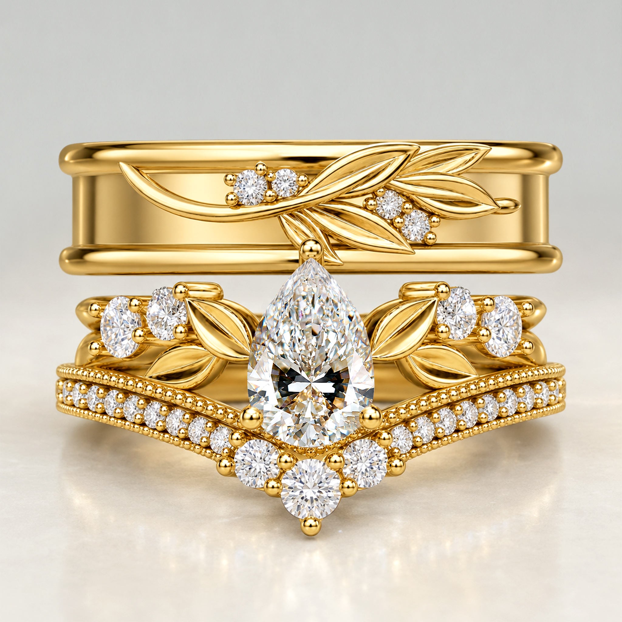 Vintage Nature Inspired Design Pear Cut Lab Grown Diamond Center Stone Cathedral Basket Milgrain Pave Wedding Ring Set With Eternity Band #MCWSL0002