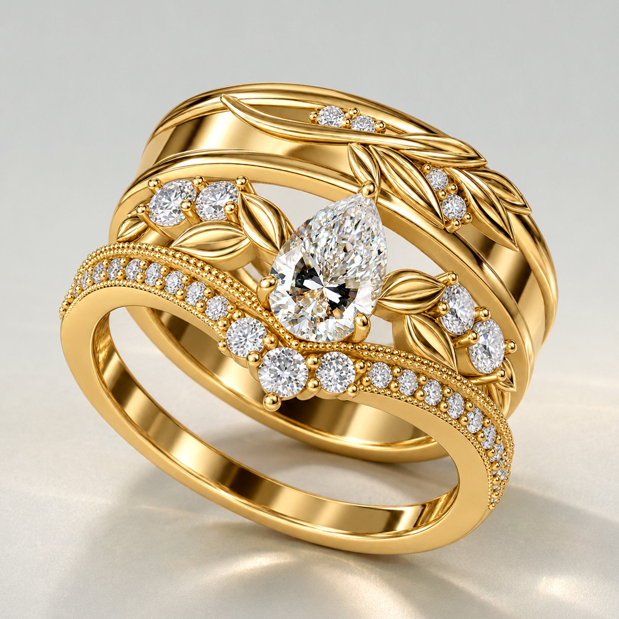 Vintage Nature Inspired Design Pear Cut Lab Grown Diamond Center Stone Cathedral Basket Milgrain Pave Wedding Ring Set With Eternity Band #MCWSL0002