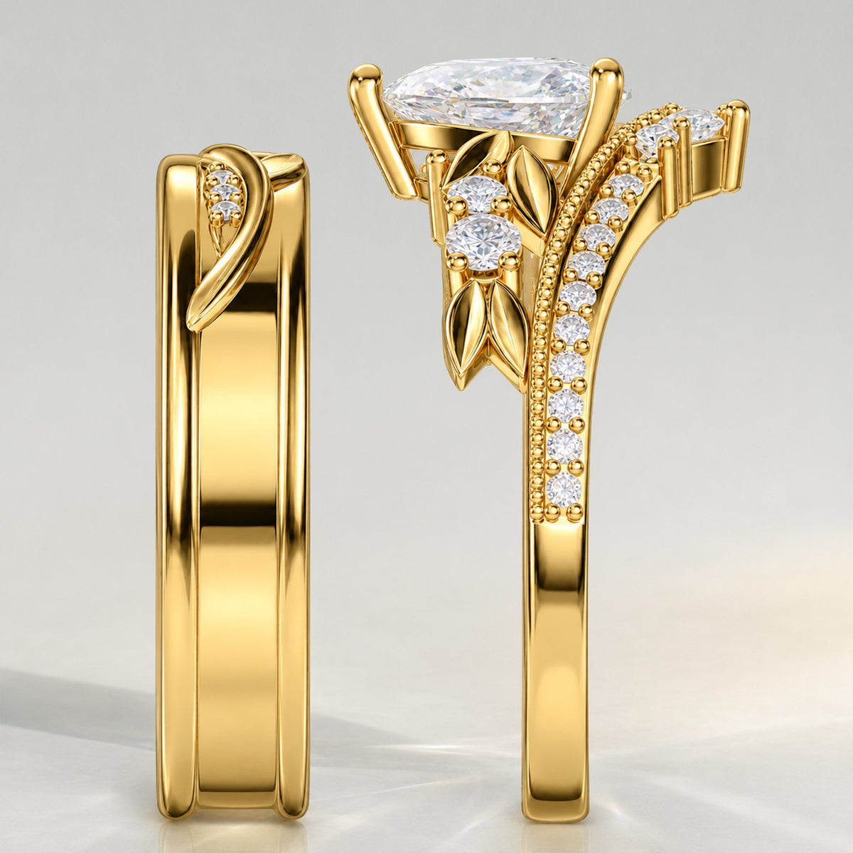 Vintage Nature Inspired Design Pear Cut Lab Grown Diamond Center Stone Cathedral Basket Milgrain Pave Wedding Ring Set With Eternity Band #MCWSL0002