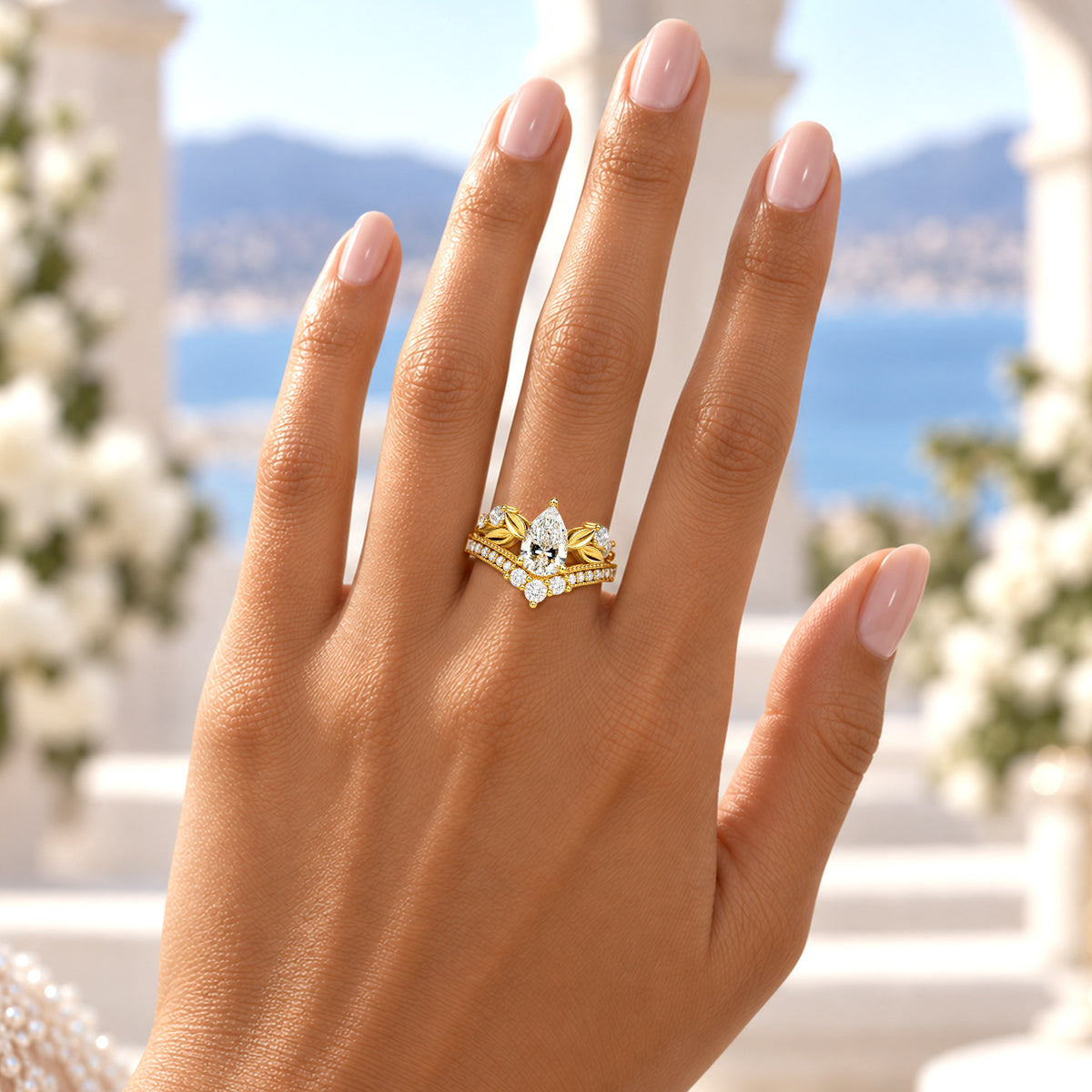 Vintage Nature Inspired Design Pear Cut Lab Grown Diamond Center Stone Cathedral Basket Milgrain Pave Wedding Ring Set With Eternity Band #MCWSL0002