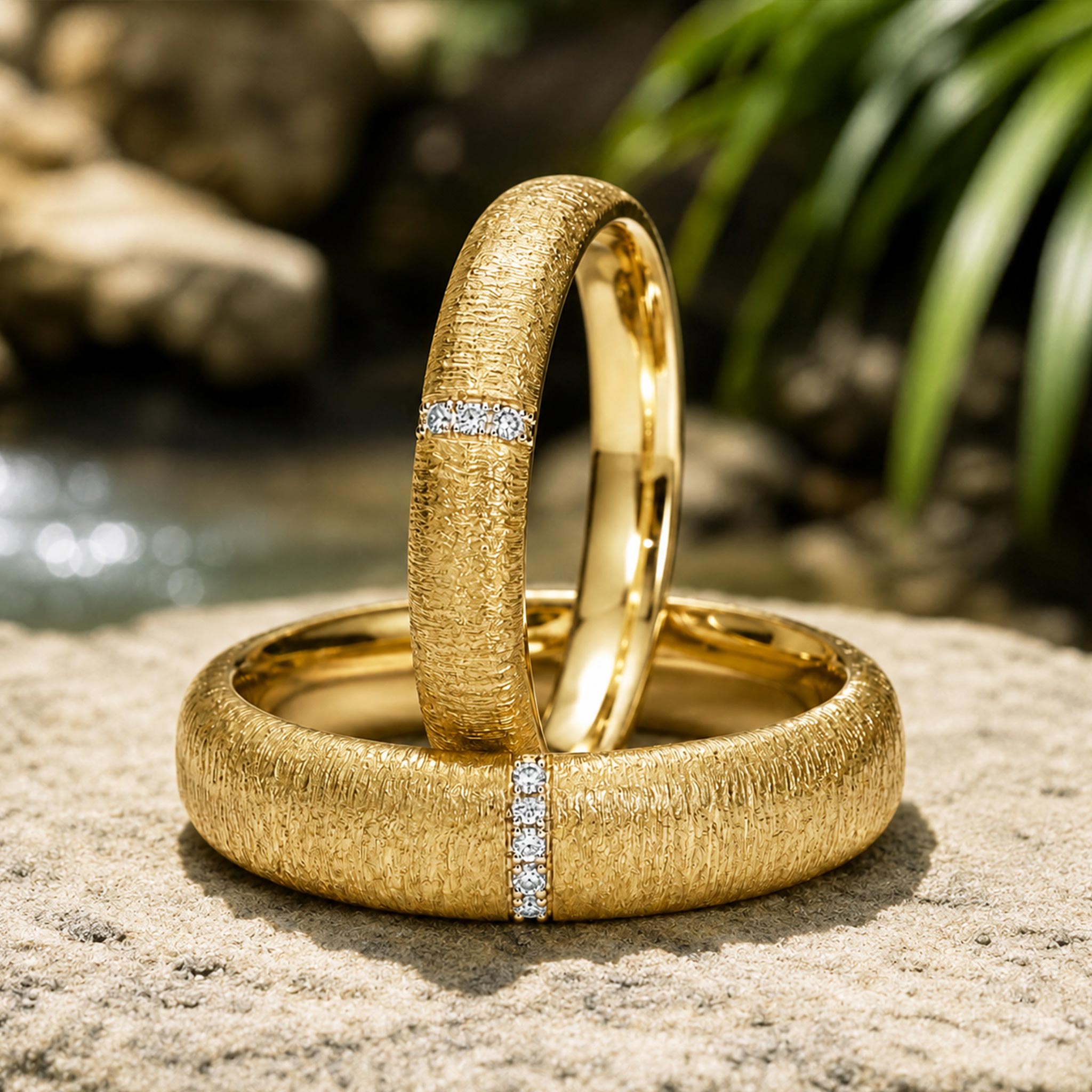Modern Design Hand Brushed Finish Wedding Ring Set With Round Cut Accent Moissanites #MCWSM0002