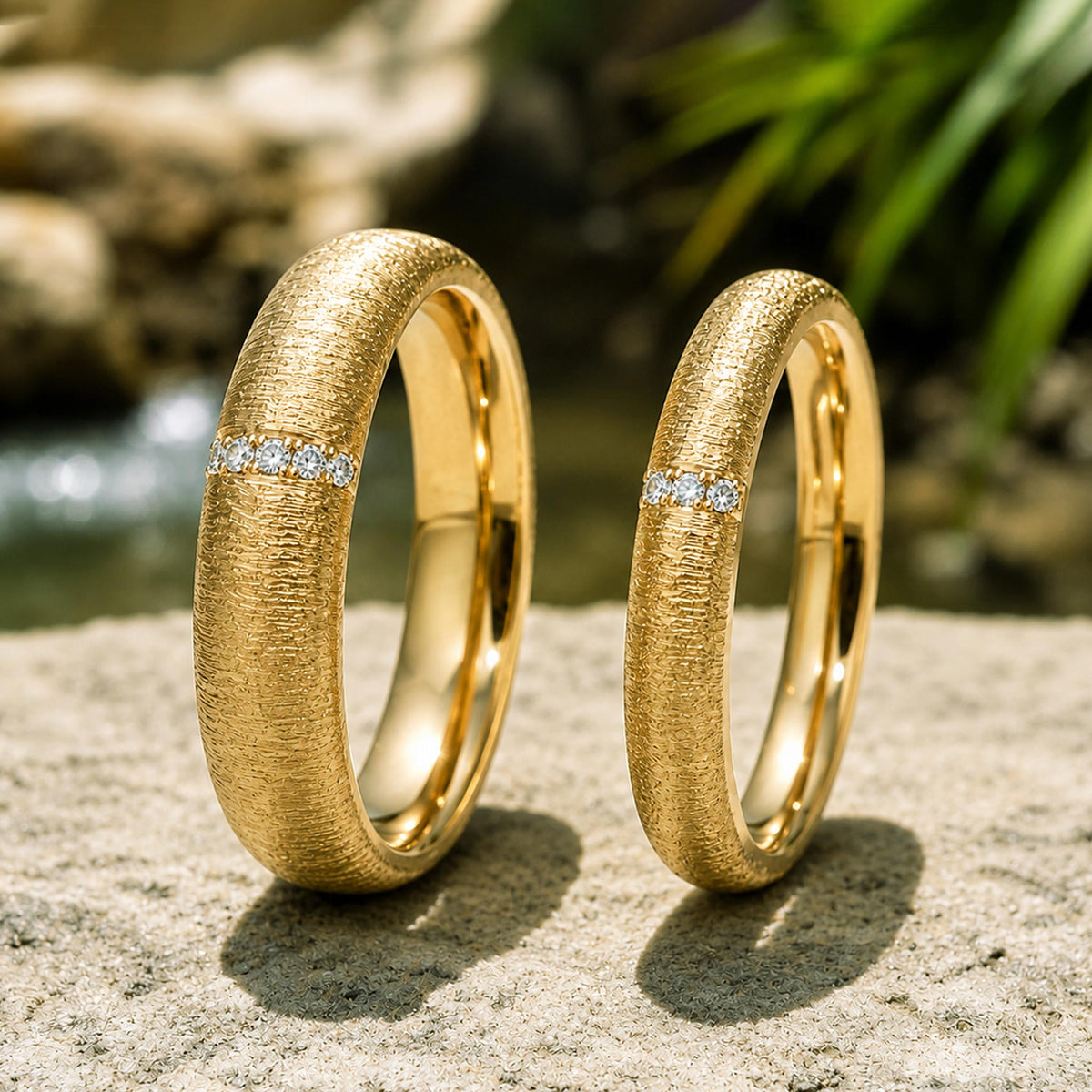 Modern Design Hand Brushed Finish Wedding Ring Set With Round Cut Accent Moissanites #MCWSM0002
