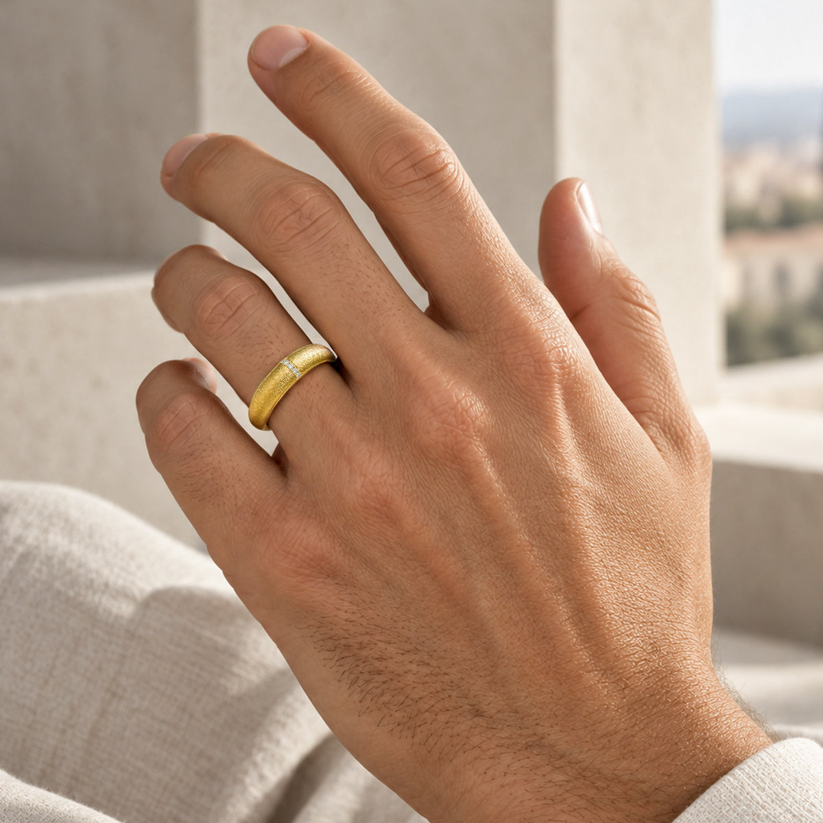 Modern Design Hand Brushed Finish Wedding Ring Set With Round Cut Accent Moissanites #MCWSM0002