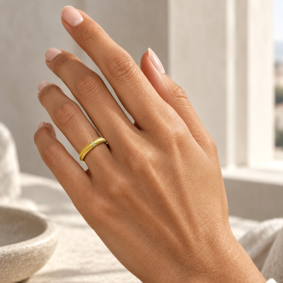 Modern Design Hand Brushed Finish Wedding Ring Set With Round Cut Accent Moissanites #MCWSM0002