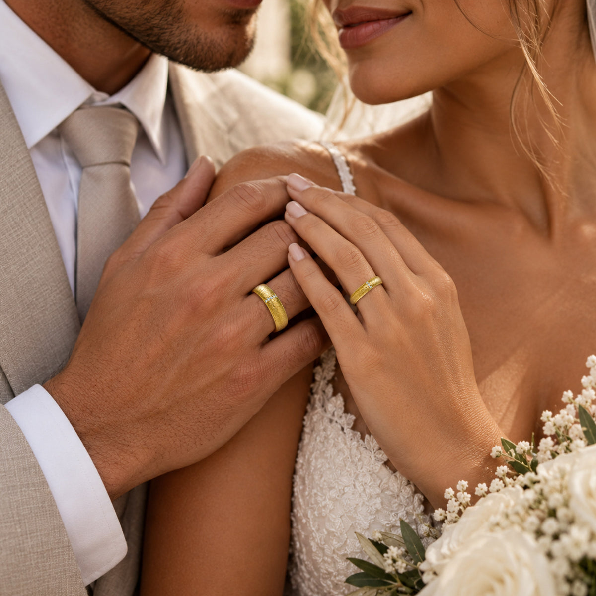 Modern Design Hand Brushed Finish Wedding Ring Set With Round Cut Accent Moissanites #MCWSM0002