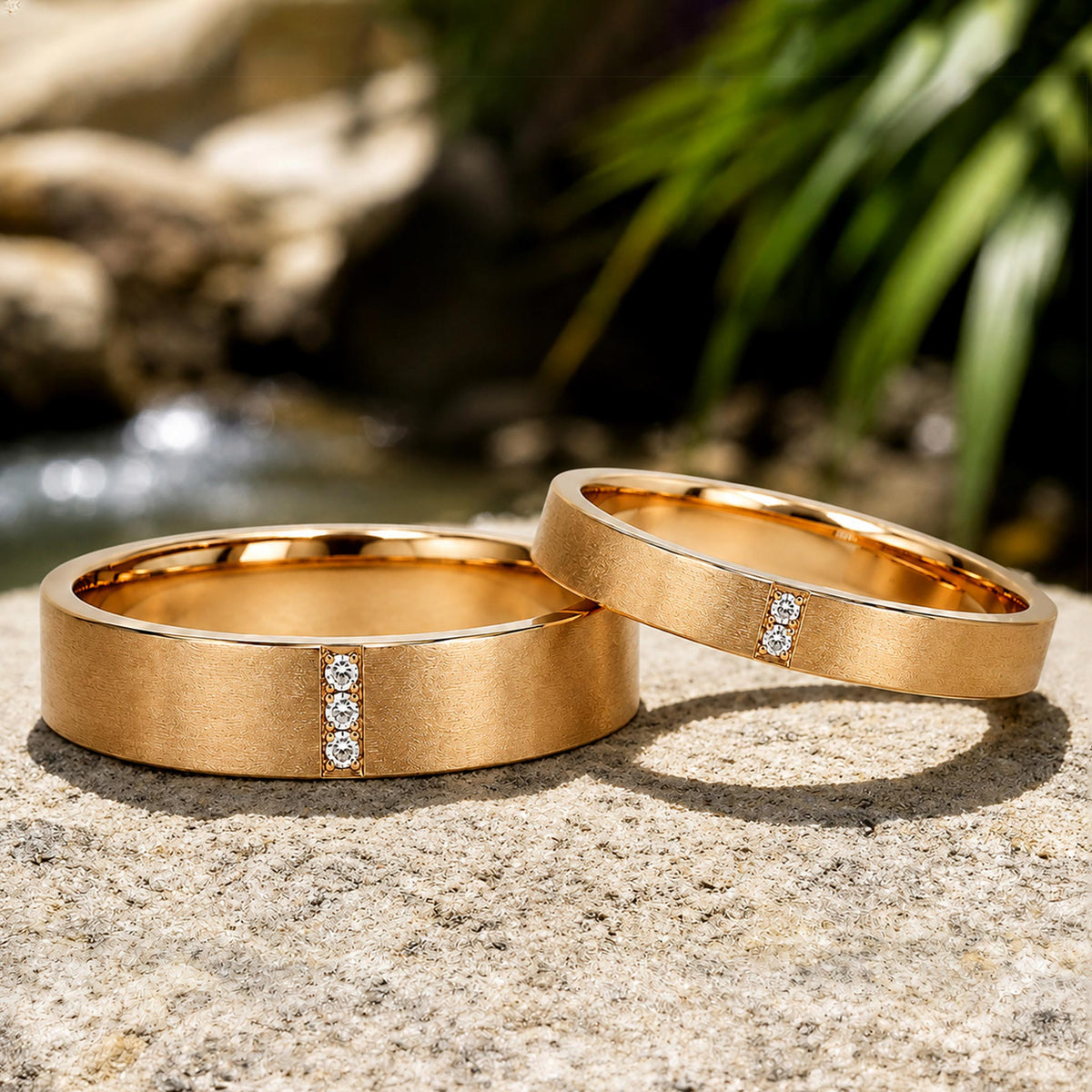 Three Moissanite Minimalist Design Hand Brushed Finish Wedding Ring Set With Round Cut Accent Moissanites #MCWSM0004