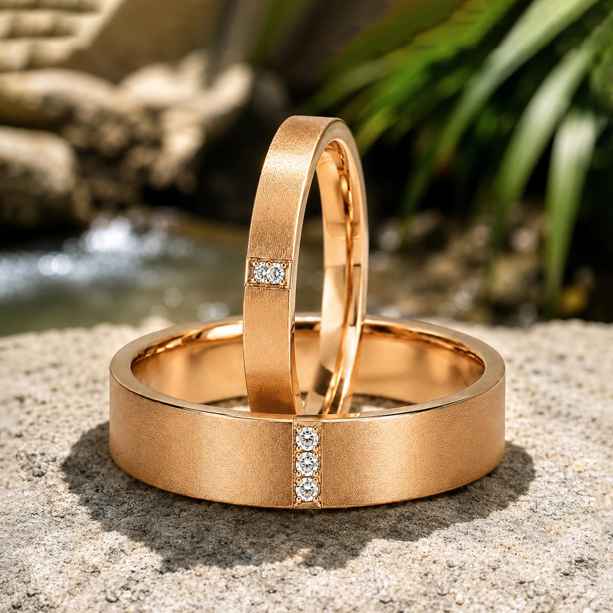 Three Moissanite Minimalist Design Hand Brushed Finish Wedding Ring Set With Round Cut Accent Moissanites #MCWSM0004