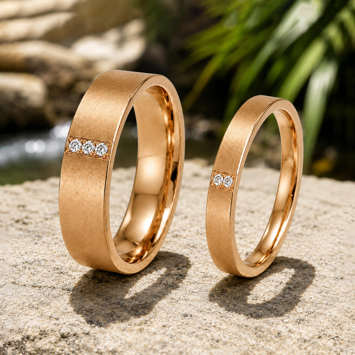 Three Moissanite Minimalist Design Hand Brushed Finish Wedding Ring Set With Round Cut Accent Moissanites #MCWSM0004