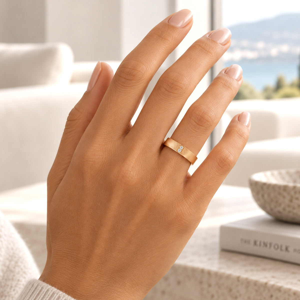 Three Moissanite Minimalist Design Hand Brushed Finish Wedding Ring Set With Round Cut Accent Moissanites #MCWSM0004
