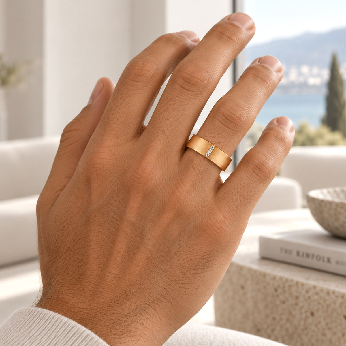 Three Moissanite Minimalist Design Hand Brushed Finish Wedding Ring Set With Round Cut Accent Moissanites #MCWSM0004